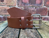 Chestnut Brown Leather Double Prong Belt. 1 1/2" (38mm) or 2" (50mm) Wide.
