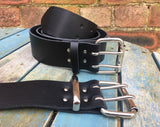 Black Leather Double Prong Belt. 1 1/2" (38mm) or 2" (50mm) Wide.