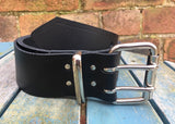 Black Leather Double Prong Belt. 1 1/2" (38mm) or 2" (50mm) Wide.