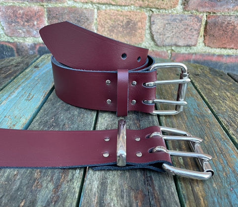 Oxblood Leather Double Prong Belt. 1 1/2" (38mm) or 2" (50mm) Wide.