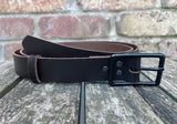 Plain leather 19mm or 25mm wide belt with matt black zinc buckle. Choice of 13 colours 121Z BK