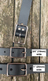 Plain leather 19mm or 25mm wide belt with chrome plated zinc buckle. Choice of 13 colours 121Z