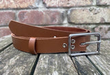 Plain leather 19mm or 25mm wide belt with chrome plated zinc buckle. Choice of 13 colours 121Z