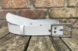 Plain leather 19mm or 25mm wide belt with chrome plated zinc buckle. Choice of 13 colours 121Z