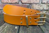 Plain leather 38mm wide belt with 2 prong solid brass roller buckle. Choice of 13 colours