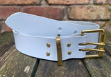 Plain leather 38mm wide belt with 2 prong solid brass roller buckle. Choice of 13 colours