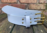 Plain leather 38mm wide belt with 2 prong solid brass roller buckle. Choice of 13 colours
