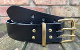 Plain leather 38mm wide belt with 2 prong solid brass roller buckle. Choice of 13 colours