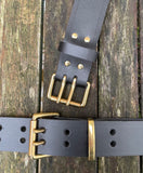 Plain leather 38mm wide belt with 2 prong solid brass roller buckle. Choice of 13 colours