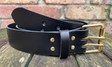 Plain leather 38mm wide belt with 2 prong solid brass roller buckle. Choice of 13 colours