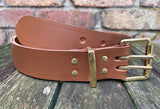 Plain leather 38mm wide belt with 2 prong solid brass roller buckle. Choice of 13 colours