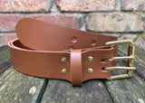 Plain leather 38mm wide belt with 2 prong solid brass roller buckle. Choice of 13 colours
