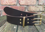 Plain leather 38mm wide belt with 2 prong solid brass roller buckle. Choice of 13 colours
