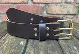 Plain leather 38mm wide belt with 2 prong solid brass roller buckle. Choice of 13 colours