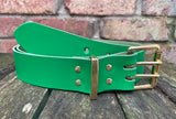 Plain leather 38mm wide belt with 2 prong solid brass roller buckle. Choice of 13 colours