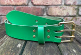 Plain leather 38mm wide belt with 2 prong solid brass roller buckle. Choice of 13 colours