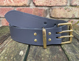 Plain leather 38mm wide belt with 2 prong solid brass roller buckle. Choice of 13 colours