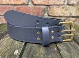 Plain leather 38mm wide belt with 2 prong solid brass roller buckle. Choice of 13 colours