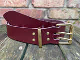 Plain leather 38mm wide belt with 2 prong solid brass roller buckle. Choice of 13 colours