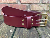 Plain leather 38mm wide belt with 2 prong solid brass roller buckle. Choice of 13 colours