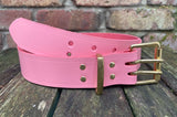 Plain leather 38mm wide belt with 2 prong solid brass roller buckle. Choice of 13 colours