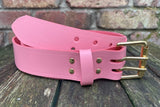 Plain leather 38mm wide belt with 2 prong solid brass roller buckle. Choice of 13 colours