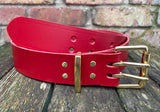Plain leather 38mm wide belt with 2 prong solid brass roller buckle. Choice of 13 colours