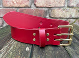 Plain leather 38mm wide belt with 2 prong solid brass roller buckle. Choice of 13 colours