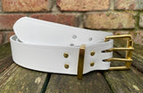 Plain leather 38mm wide belt with 2 prong solid brass roller buckle. Choice of 13 colours