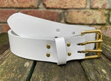 Plain leather 38mm wide belt with 2 prong solid brass roller buckle. Choice of 13 colours