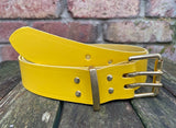 Plain leather 38mm wide belt with 2 prong solid brass roller buckle. Choice of 13 colours