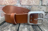 Buffalo leather 38mm wide belt with pewter buckle. Choice of 9 colours (215A)