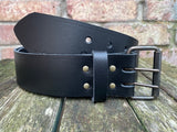 Plain leather 50mm wide belt with 2 prong dark brass look steel roller buckle. Choice of 13 colours