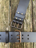 Plain leather 50mm wide belt with 2 prong dark brass look steel roller buckle. Choice of 13 colours