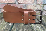 Plain leather 50mm wide belt with 2 prong dark brass look steel roller buckle. Choice of 13 colours