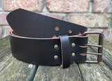 Plain leather 50mm wide belt with 2 prong dark brass look steel roller buckle. Choice of 13 colours