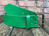 Plain leather 50mm wide belt with 2 prong dark brass look steel roller buckle. Choice of 13 colours