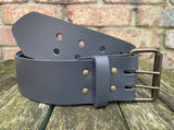 Plain leather 50mm wide belt with 2 prong dark brass look steel roller buckle. Choice of 13 colours