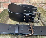 Plain leather 50mm wide belt with 2 prong dark brass look steel roller buckle. Choice of 13 colours