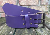 Plain leather 50mm wide belt with 2 prong dark brass look steel roller buckle. Choice of 13 colours