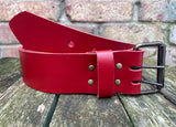 Plain leather 50mm wide belt with 2 prong dark brass look steel roller buckle. Choice of 13 colours