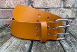 Plain leather 2" (50mm) wide belt with 2 prong nickel plated steel roller buckle. Choice of colour.