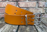 Plain leather 50mm wide belt with 2 prong nickel plated steel roller buckle. Choice of 13 colours