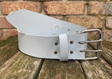 Plain leather 50mm wide belt with 2 prong nickel plated steel roller buckle. Choice of 13 colours
