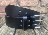 Plain leather 2" (50mm) wide belt with 2 prong nickel plated steel roller buckle. Choice of colour.