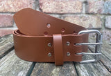 Plain leather 50mm wide belt with 2 prong nickel plated steel roller buckle. Choice of 13 colours
