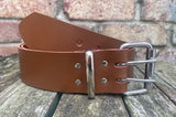 Plain leather 50mm wide belt with 2 prong nickel plated steel roller buckle. Choice of 13 colours