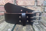 Plain leather 2" (50mm) wide belt with 2 prong nickel plated steel roller buckle. Choice of colour.