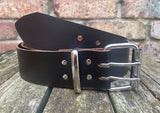 Plain leather 50mm wide belt with 2 prong nickel plated steel roller buckle. Choice of 13 colours