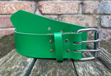 Plain leather 50mm wide belt with 2 prong nickel plated steel roller buckle. Choice of 13 colours